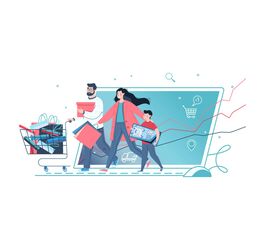 Drei Personen mit einem Einkaufswagen