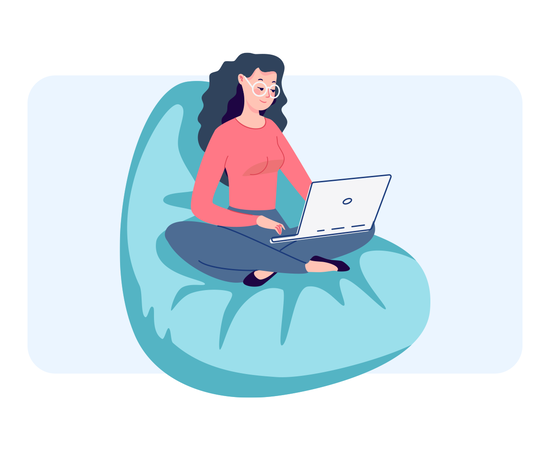 Frau mit Laptop auf einem Sitzkissen